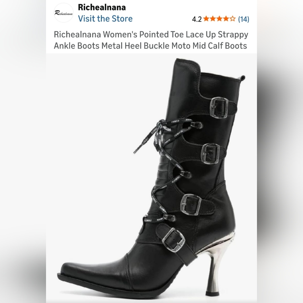 Richealnana Women's Pointed Toe Lace Up Strappy Ankle Boots Metal Heel Buckle.